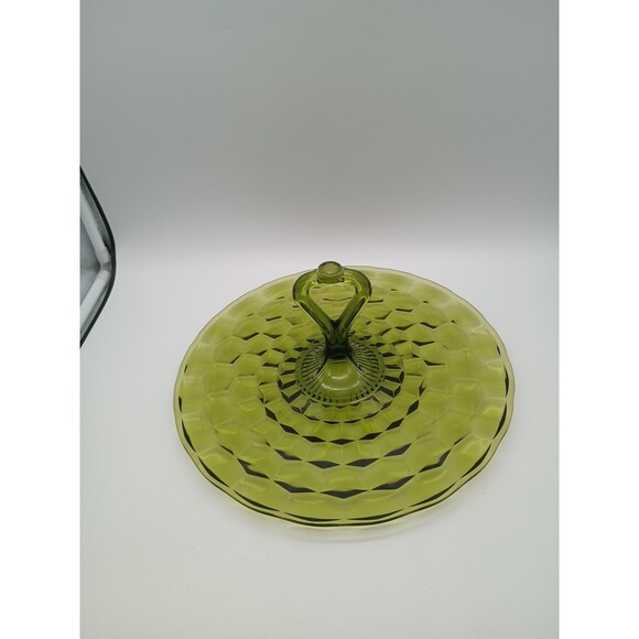 Vintage American Indiana Cubist Avocado Green glass serving platter Handled - Picture 2 of 6